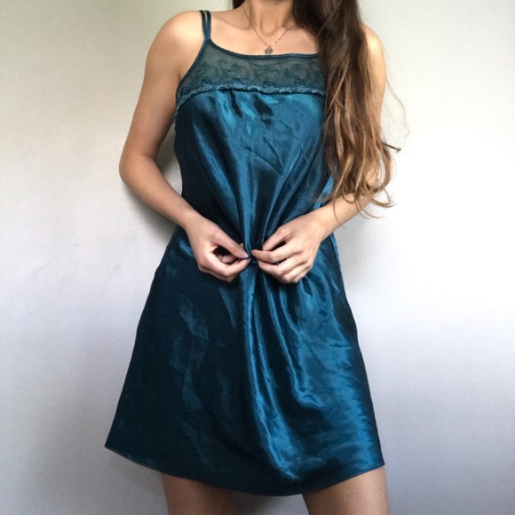 teal satin slip dress